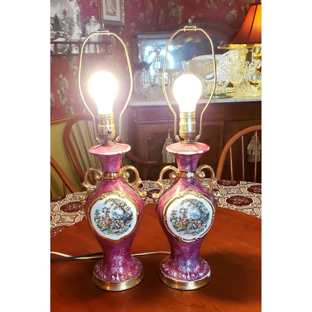 Pair of Vintage Pink Porcelain Victorian Courtship Scene Table Lamps - Gold trim